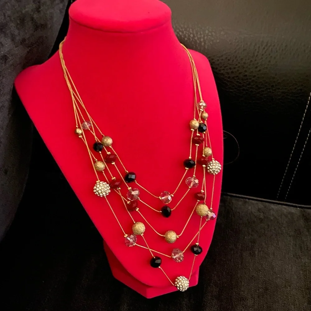 INC Gold Multi Strand Bauble Statement Necklace Red Black Crystal